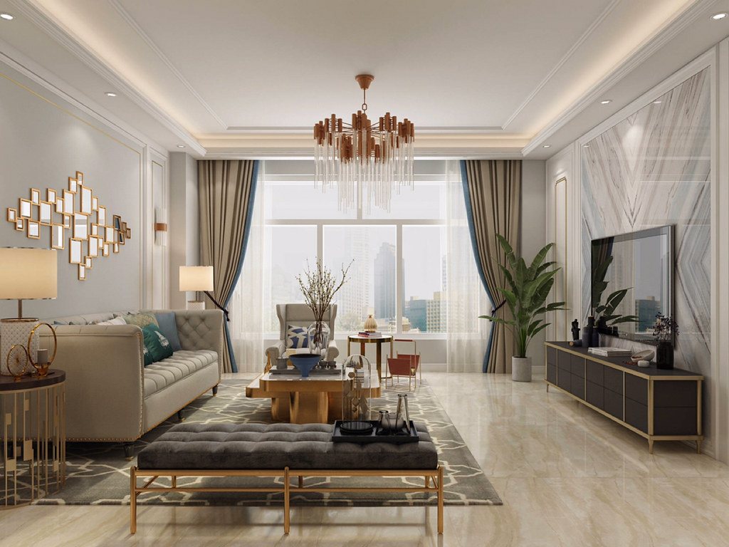 Luxury living room with refinished hardwood flooring in Chicagoland